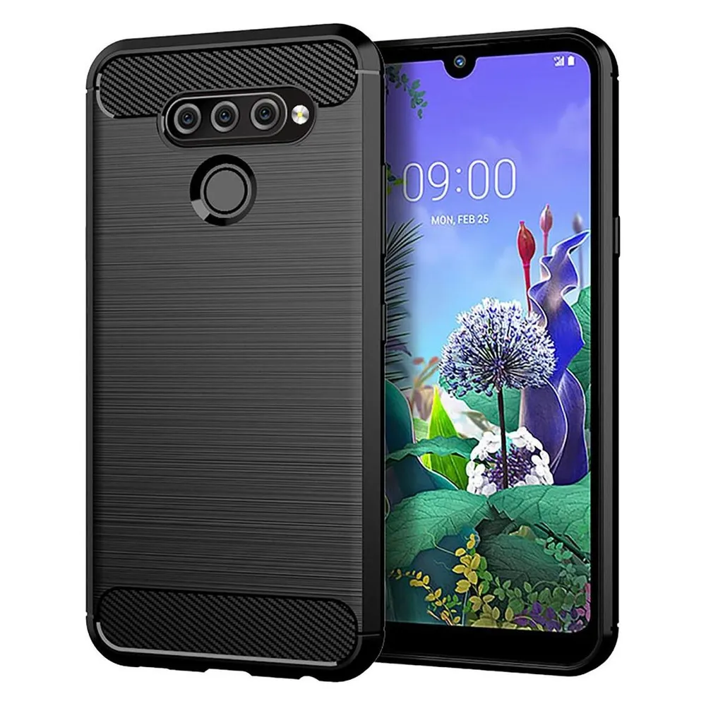 König Design Hülle Handy Schutz für LG Q60 Case Cover Bumper Carbon Optik Etui TPU Schwarz
