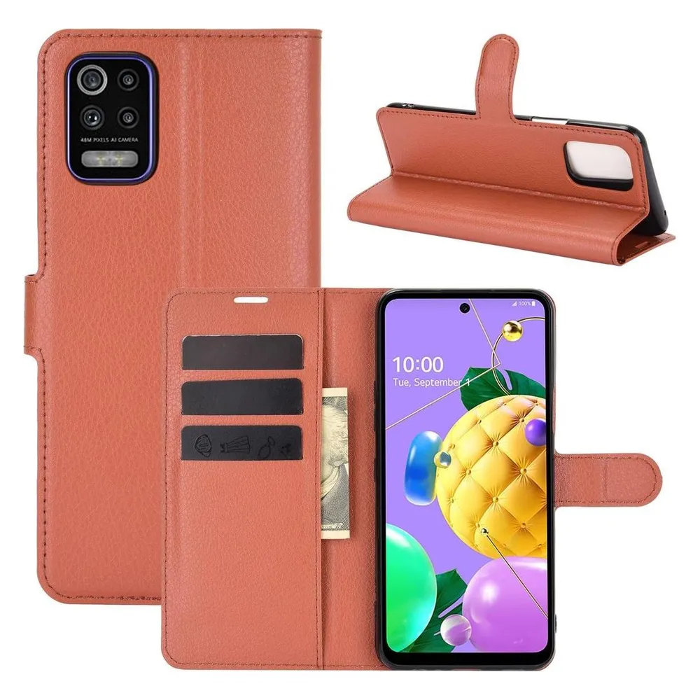 König Design Hülle Handy Schutz für LG K52 Case Flip Cover Tasche Etuis Wallet Bumper Braun