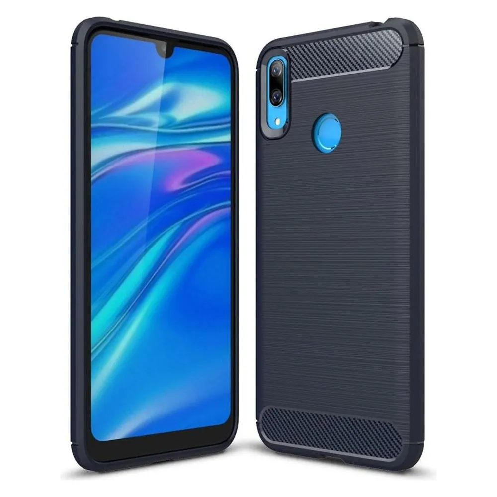 König Design Hülle Handy Schutz für Huawei Y7 (2019) Case Cover Bumper Carbon Optik TPU Blau (Huawei Y7 (2019))