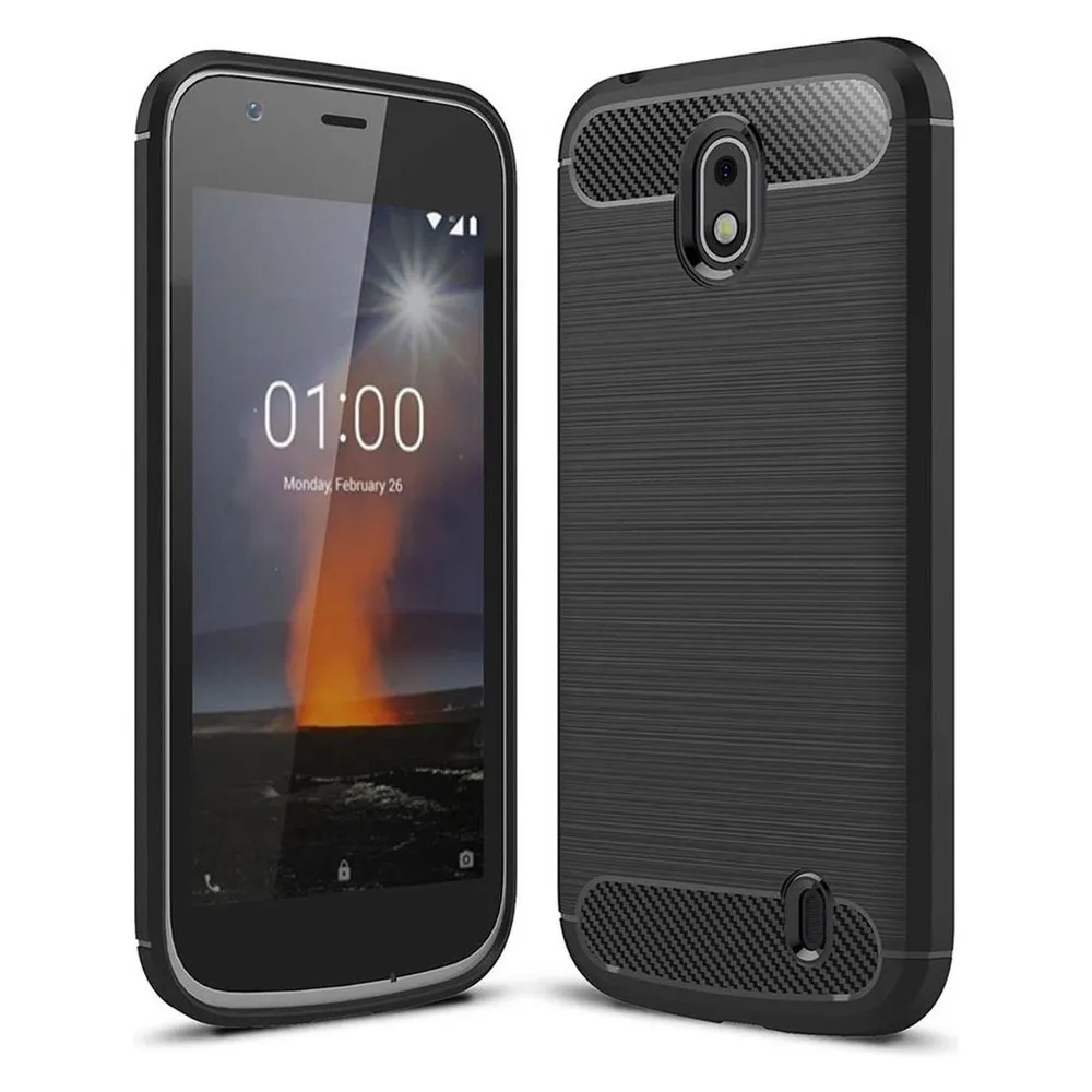König Design Hülle Handy Schutz für Nokia 1 Case Cover Bumper Carbon Optik Etui TPU Schwarz
