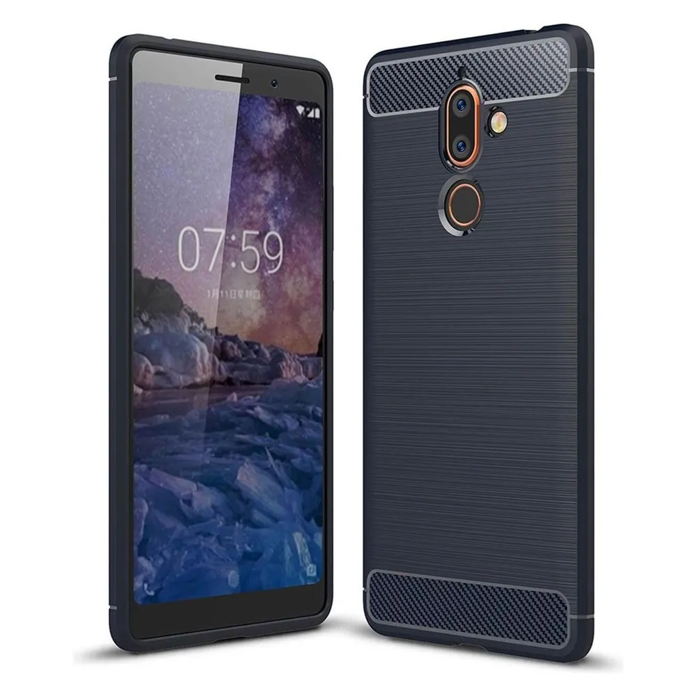 König Design Hülle Handy Schutz für Nokia 7 Plus Case Cover Bumper Carbon Optik Etui TPU Blau