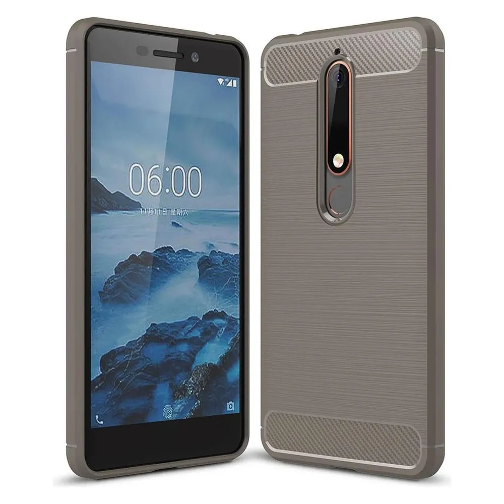 König Design Hülle Handy Schutz für Nokia 6 (2018) Case Cover Bumper Carbon Optik Etuis Grau (Nokia 6 (2018))