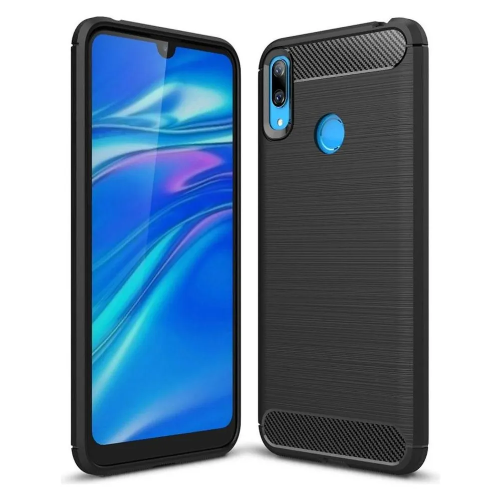 König Design Hülle Handy Schutz für Huawei Y7 (2019) Case Cover Bumper Carbon Optik Schwarz (Huawei Y7 (2019))