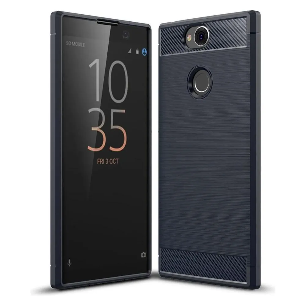 König Design Hülle Handy Schutz für Sony Xperia XA2 Plus Case Cover Bumper Carbon Optik Blau