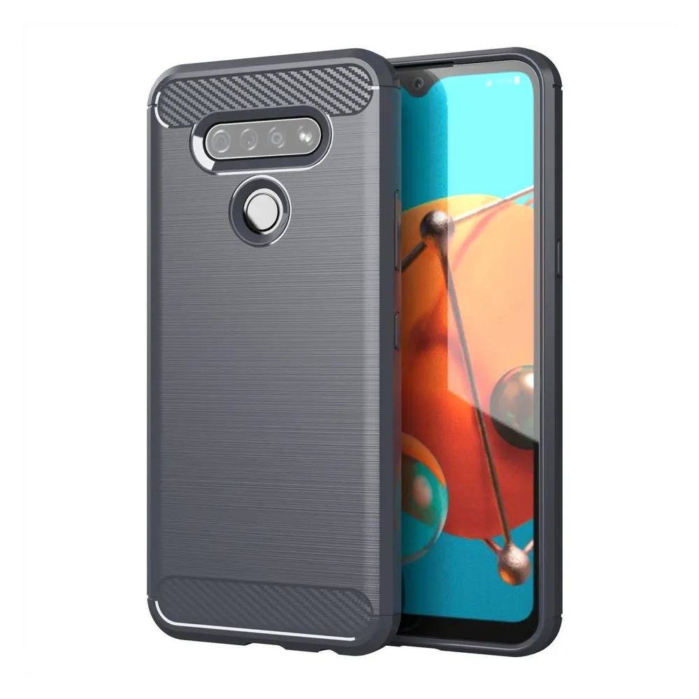 König Design Hülle Handy Schutz für LG K51 Case Cover Bumper Carbon Optik Etuis Rahmen Grau