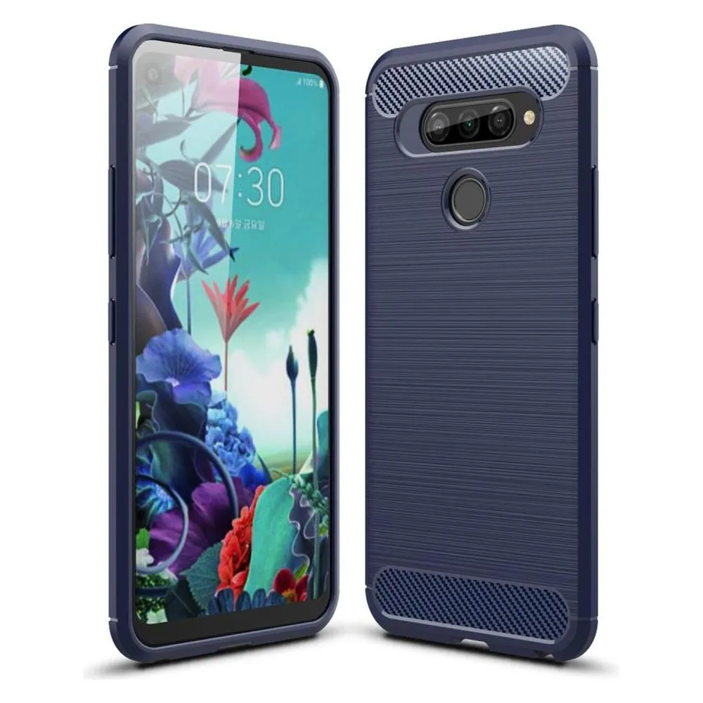 König Design Hülle Handy Schutz für LG Q70 Case Cover Bumper Carbon Optik Etuis Rahmen Blau