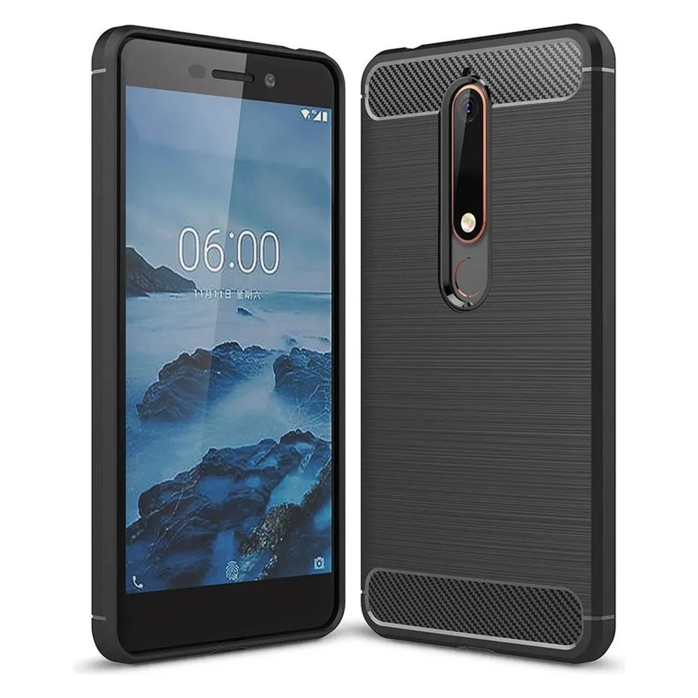 König Design Hülle Handy Schutz für Nokia 6 (2018) Case Cover Bumper Carbon Optik Schwarz (Nokia 6 (2018))