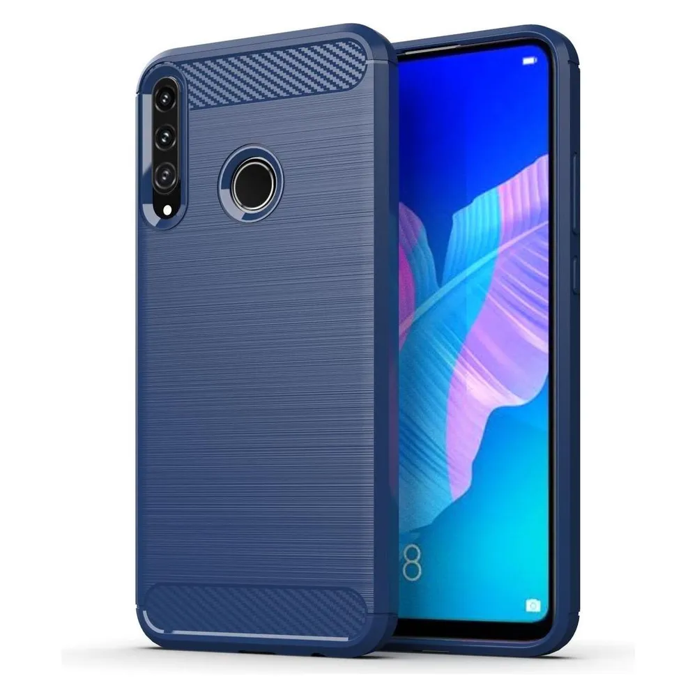König Design Hülle Handy Schutz für Huawei P40 Lite E Case Cover Bumper Carbon Optik Blau