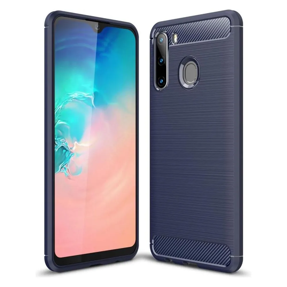 König Design Hülle Handy Schutz für Samsung Galaxy A21 Case Cover Bumper Carbon Optik Blau