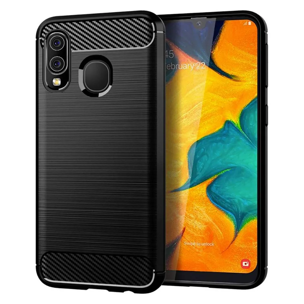 König Design Hülle Handy Schutz für Samsung Galaxy A40 Case Cover Bumper Carbon Optik Schwarz