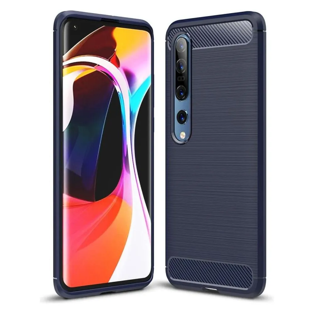 König Design Hülle Handy Schutz für Xiaomi Mi 10 Case Cover Bumper Carbon Optik Etui TPU Blau