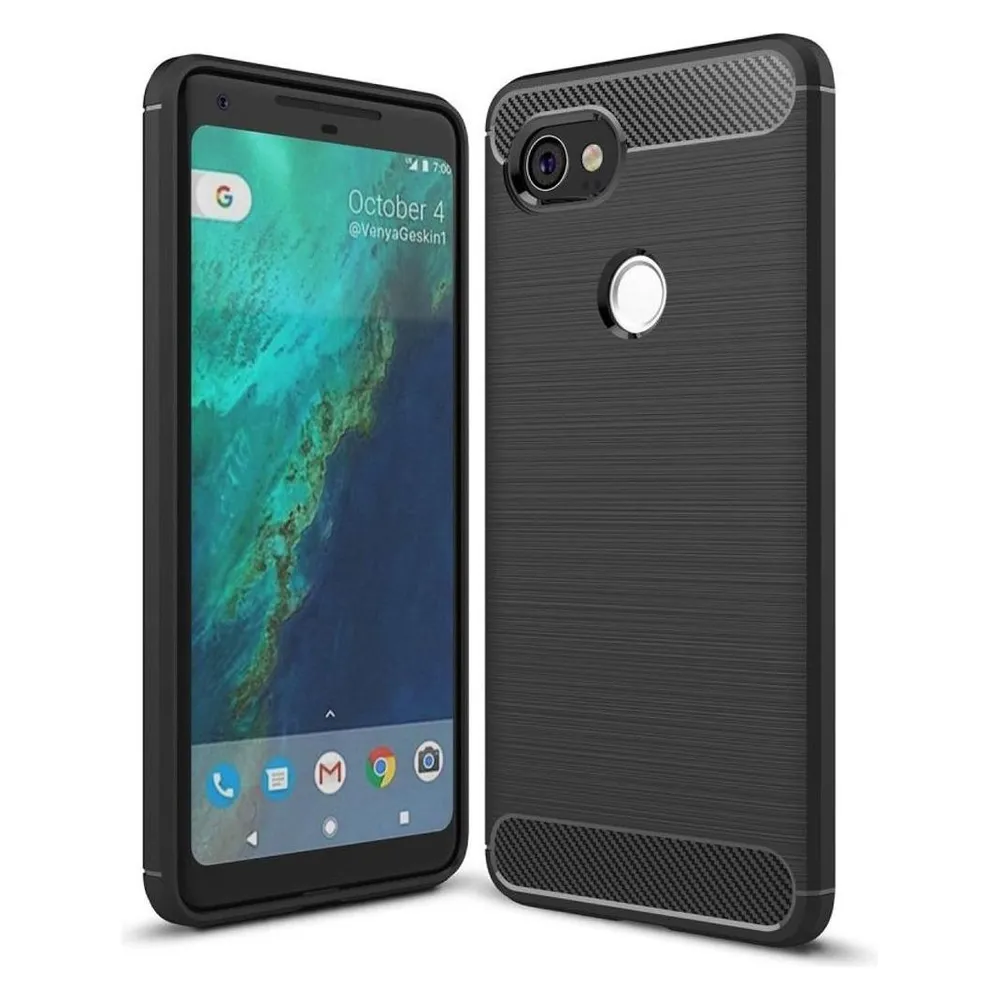 König Design Hülle Handy Schutz für Google Pixel 2 XL Case Cover Bumper Carbon Optik Schwarz