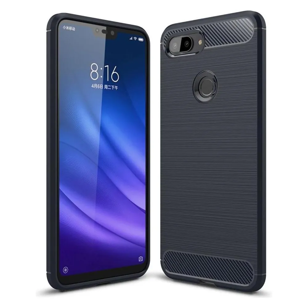 König Design Hülle Handy Schutz für Xiaomi Mi 8 Lite Case Cover Bumper Carbon Optik TPU Blau