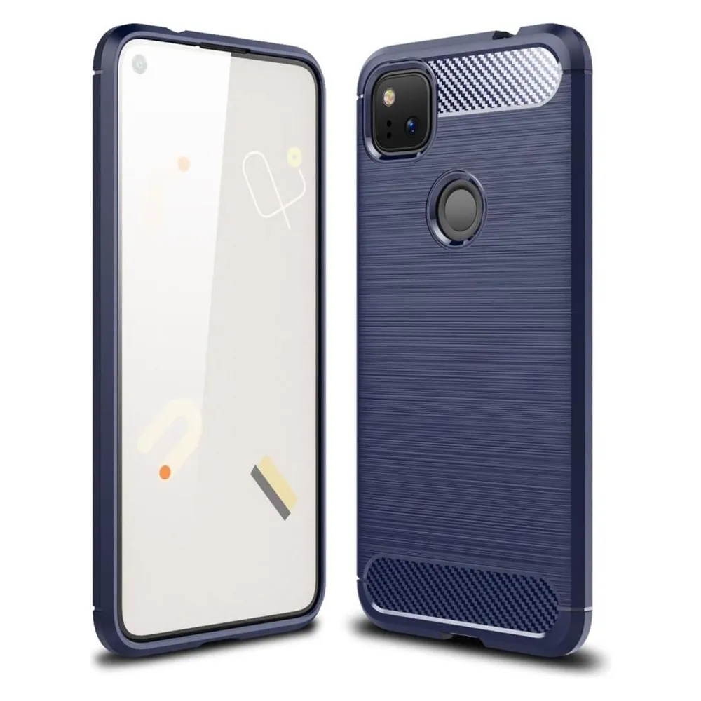 König Design Hülle Handy Schutz für Google Pixel 4A Case Cover Bumper Carbon Optik Etuis Blau