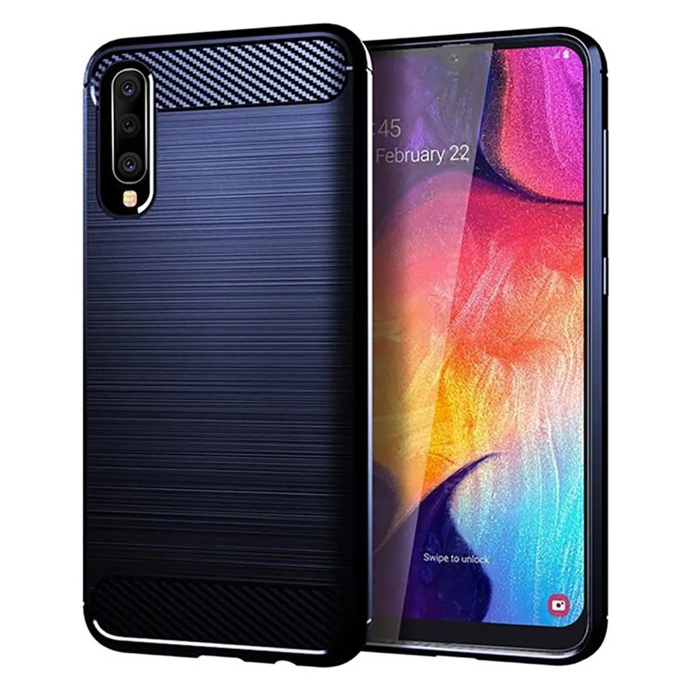 König Design Hülle Handy Schutz für Samsung Galaxy A50 Case Cover Bumper Carbon Optik Blau