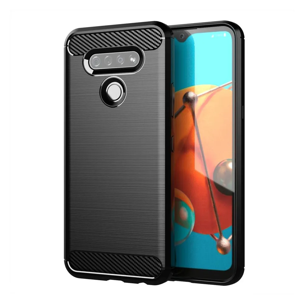 König Design Hülle Handy Schutz für LG K51 Case Cover Bumper Carbon Optik Etui TPU Schwarz