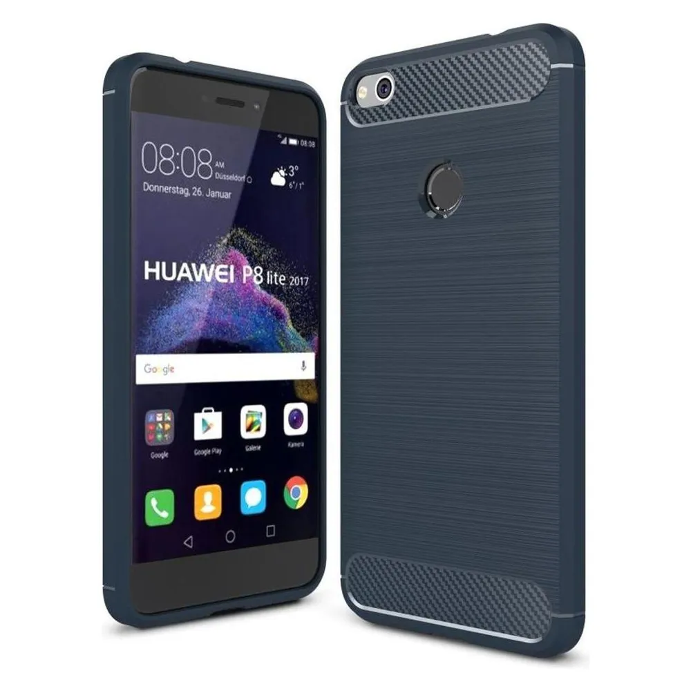 König Design Hülle Handy Schutz für Huawei P8 Lite 2017 Case Cover Bumper Carbon Optik Blau (Huawei P8 Lite (2017))