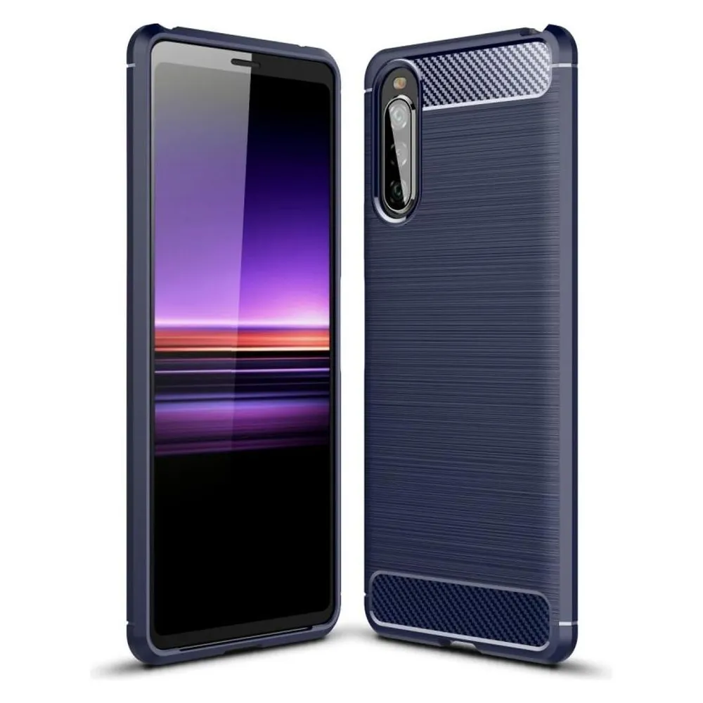 König Design Hülle Handy Schutz für Sony Xperia 10 II Case Cover Bumper Carbon Optik Blau