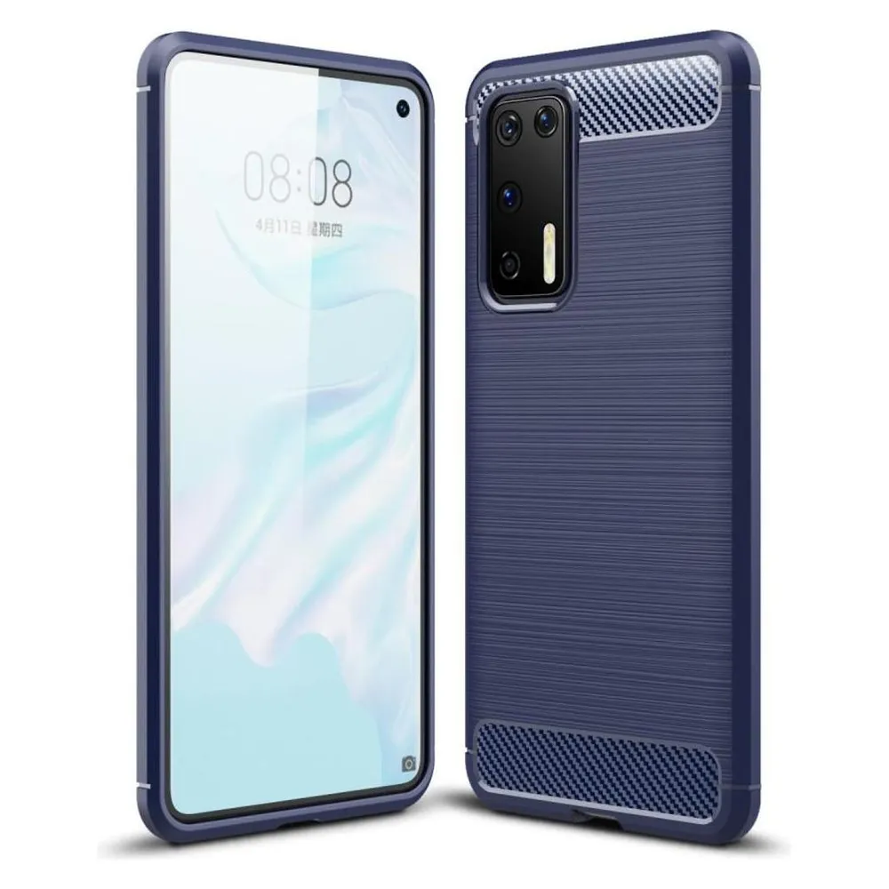 König Design Hülle Handy Schutz für Huawei P40 Case Cover Bumper Carbon Optik Etui TPU Blau