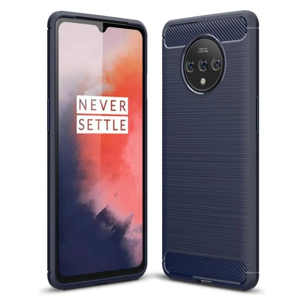 König Design Hülle Handy Schutz für OnePlus 7T Case Cover Bumper Carbon Optik Etui TPU Blau