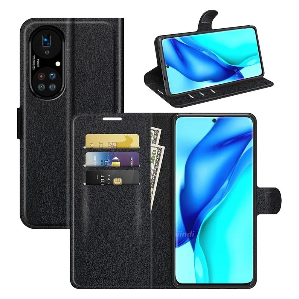 König Design Hülle Handy Schutz für Huawei P50 Pro Case Flip Cover Tasche Etuis Schwarz Neu (Huawei P50 Pro)
