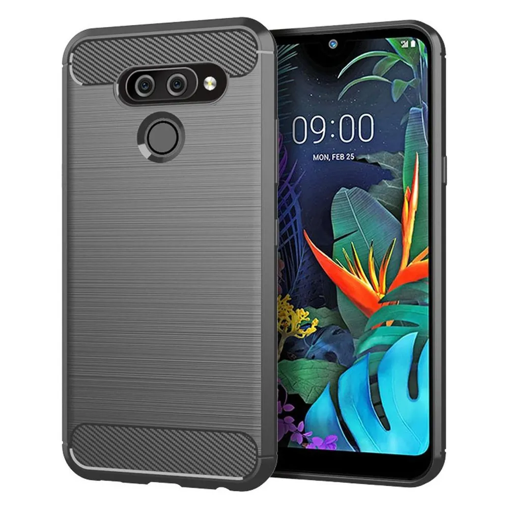 König Design Hülle Handy Schutz für LG K50 Case Cover Bumper Carbon Optik Etuis Rahmen Grau