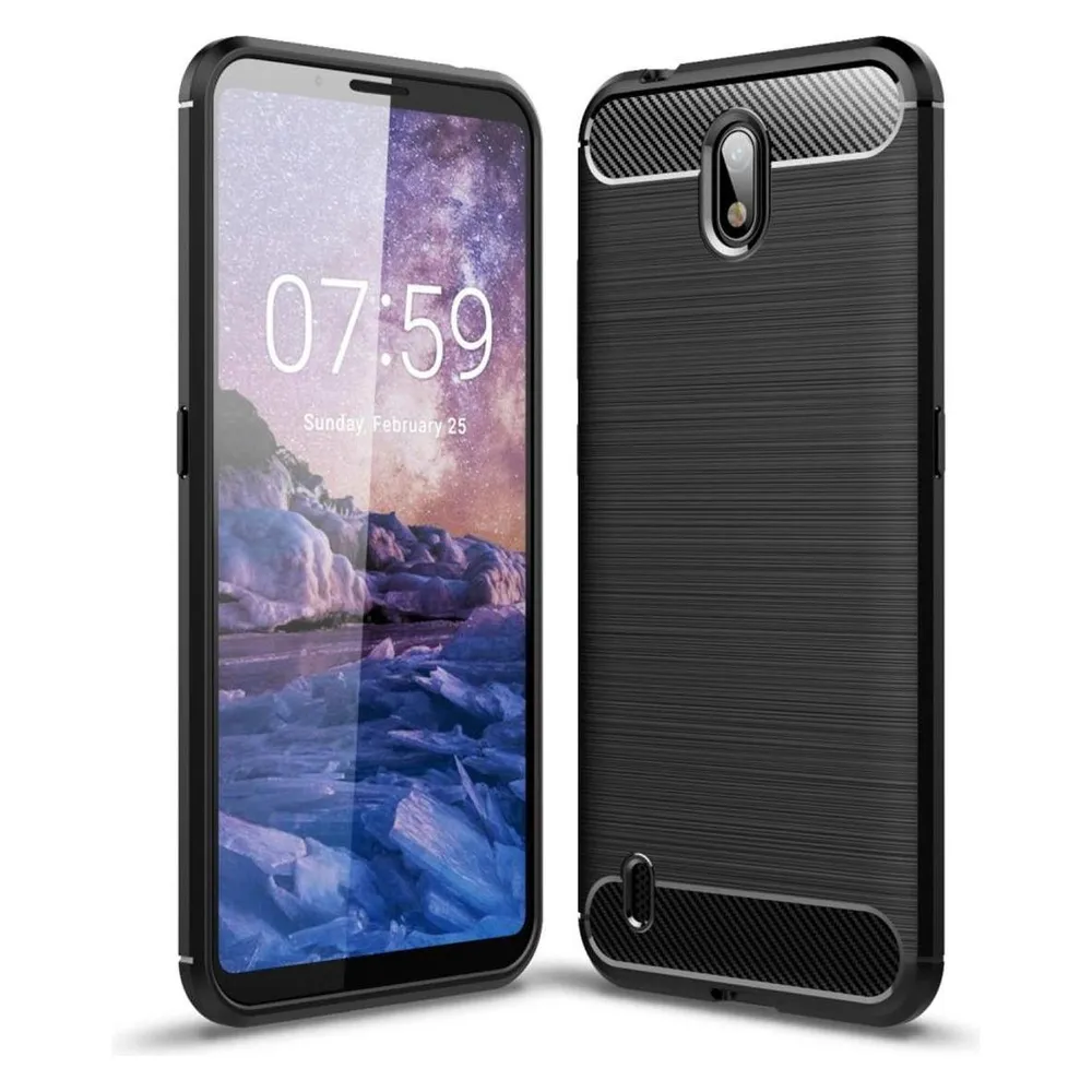 König Design Hülle Handy Schutz für Nokia C1 Case Cover Bumper Carbon Optik Etui TPU Schwarz