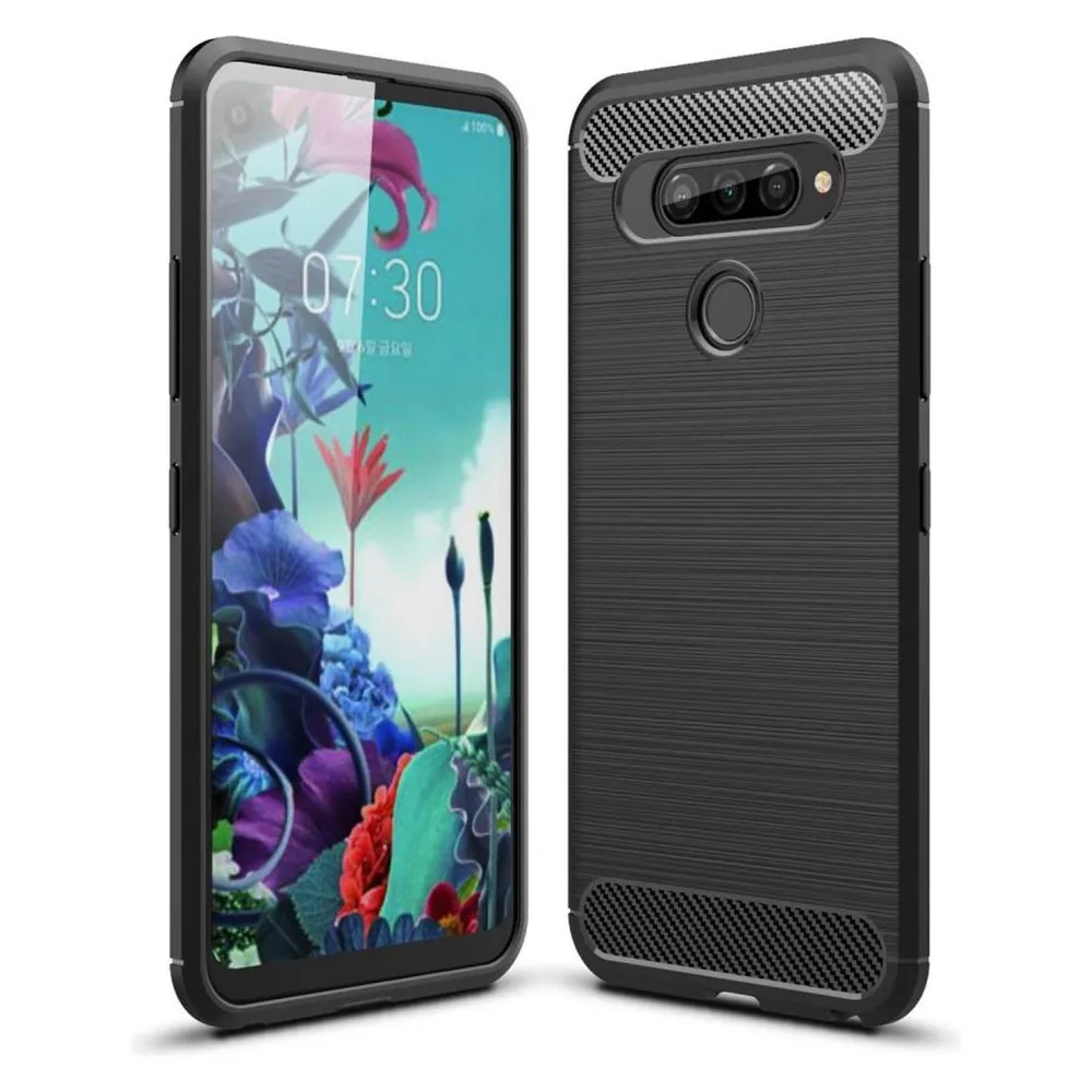 König Design Hülle Handy Schutz für LG Q70 Case Cover Bumper Carbon Optik Etuis Rahmen Grau