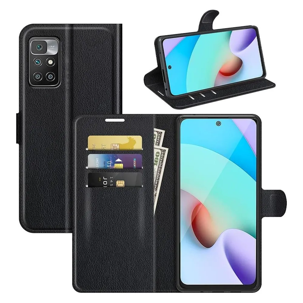 König Design Hülle Handy Schutz für Xiaomi Redmi 10 Case Flip Cover Tasche Etuis Schwarz Neu