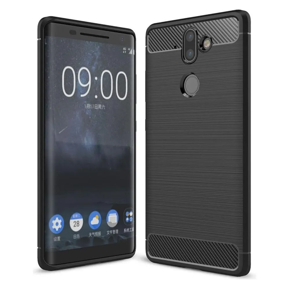 König Design Hülle Handy Schutz für Nokia 9 Case Cover Bumper Carbon Optik Rahmen TPU Schwarz