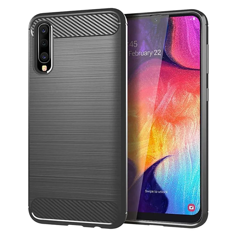 König Design Hülle Handy Schutz für Samsung Galaxy A50 Case Cover Bumper Carbon Optik Grau
