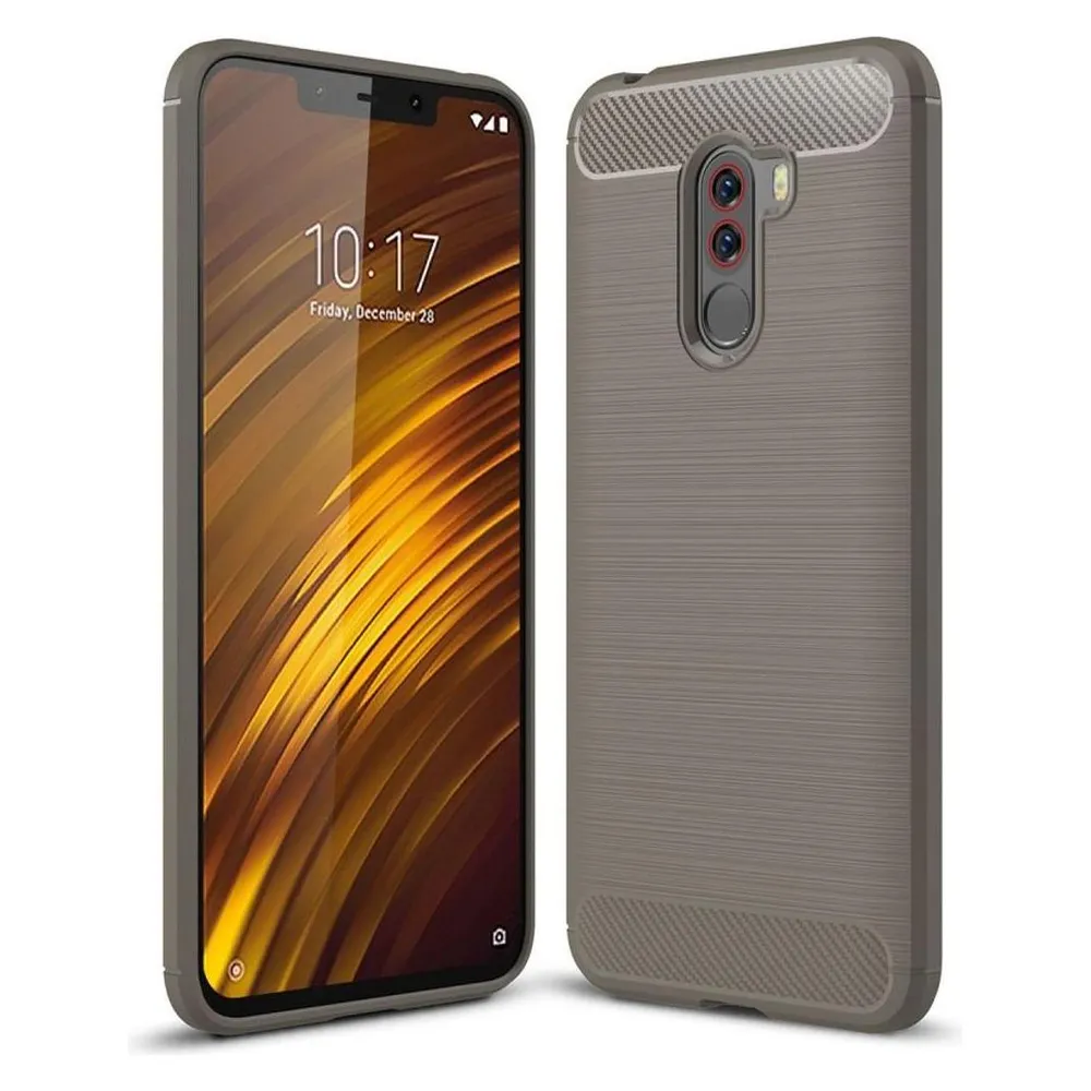 König Design Hülle Handy Schutz für Xiaomi Pocophone F1 Case Cover Bumper Carbon Optik Grau