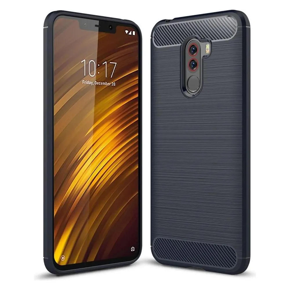 König Design Hülle Handy Schutz für Xiaomi Pocophone F1 Case Cover Bumper Carbon Optik Blau