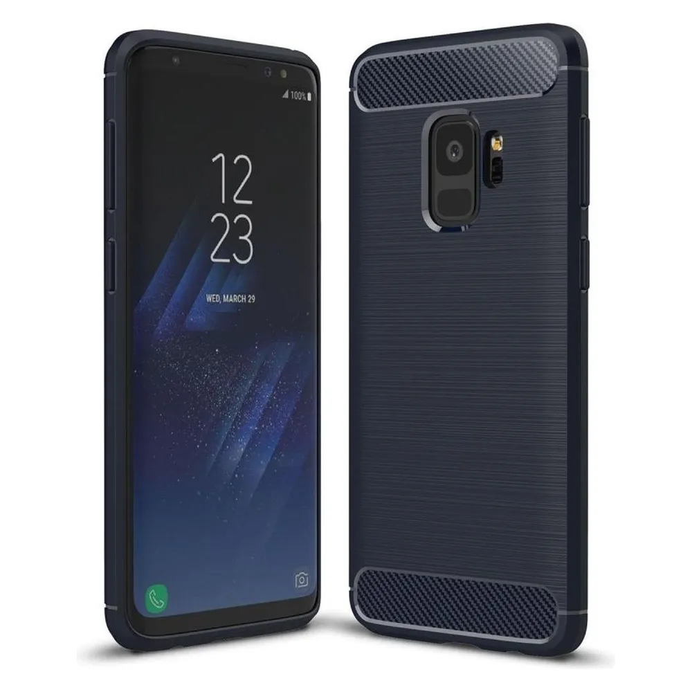 König Design Hülle Handy Schutz für Samsung Galaxy S9 Case Cover Bumper Carbon Optik TPU Blau