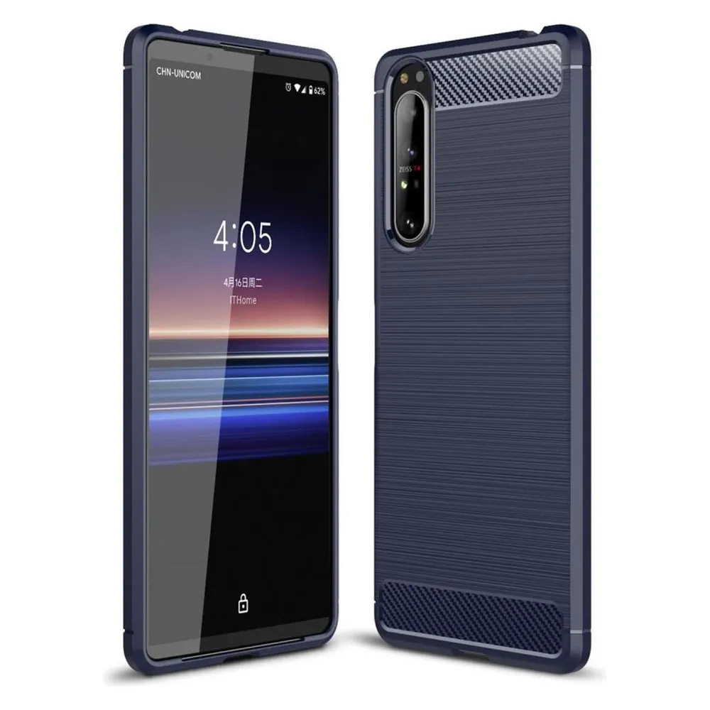 König Design Hülle Handy Schutz für Sony Xperia 1 II Case Cover Bumper Carbon Optik TPU Blau