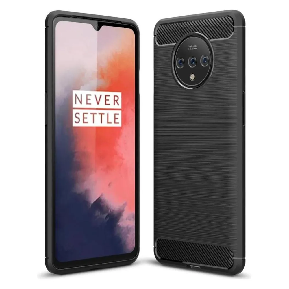 König Design Hülle Handy Schutz für OnePlus 7T Case Cover Bumper Carbon Optik Etuis Schwarz