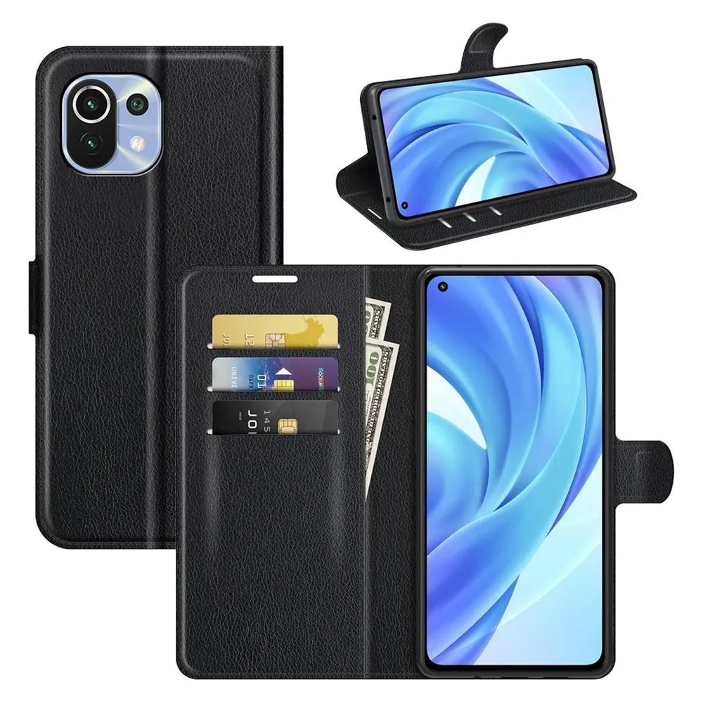 König Design Hülle Handy Schutz für Xiaomi Mi 11 Lite Case Flip Cover Tasche Etuis Schwarz (Xiaomi Mi 11 Lite)