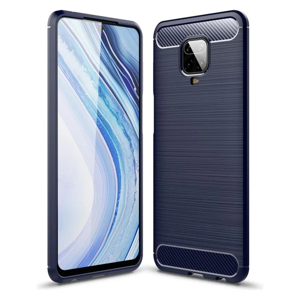 König Design Hülle Handy Schutz für Xiaomi Redmi Note 9S Case Cover Bumper Carbon Optik Blau