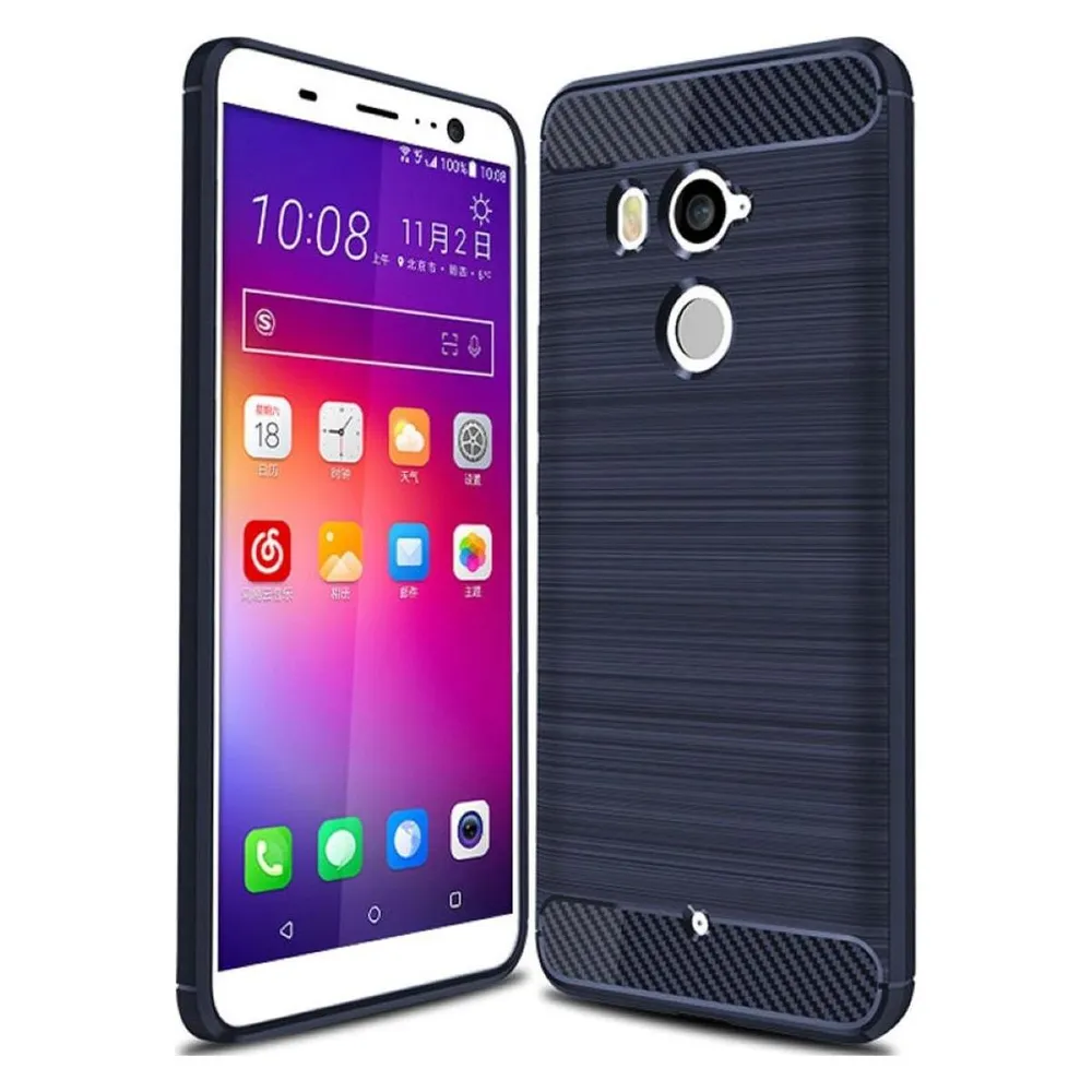 König Design Hülle Handy Schutz für HTC U11 Plus Case Cover Bumper Carbon Optik Etuis Blau