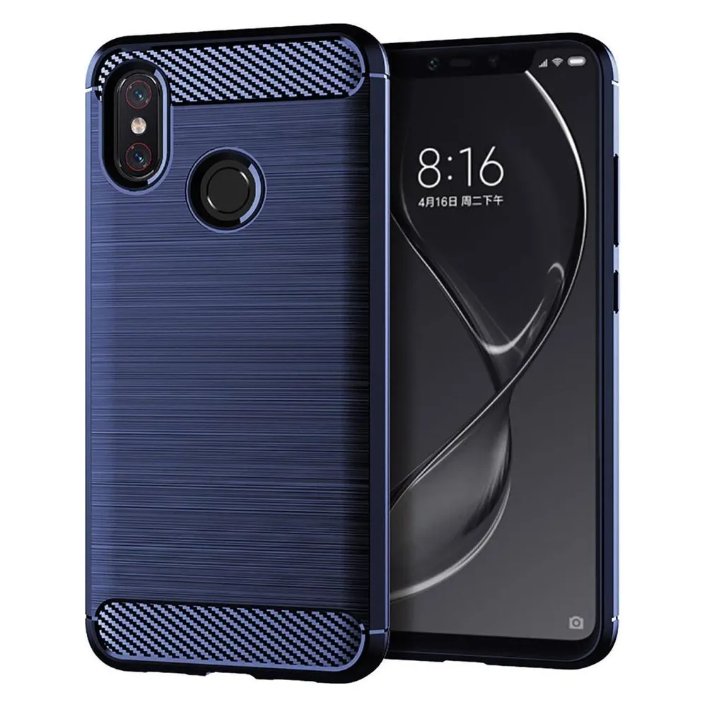 König Design Hülle Handy Schutz für Xiaomi Mi 8 Pro Case Cover Bumper Carbon Optik Etuis Blau