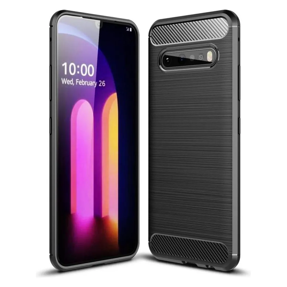 König Design Hülle Handy Schutz für LG V60 ThinQ Case Cover Bumper Carbon Optik Etuis Schwarz