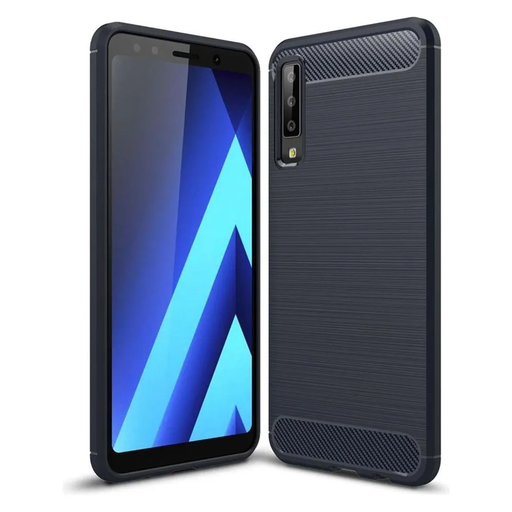 König Design Hülle Handy Schutz für Samsung Galaxy A7 (2018) Case Cover Bumper Carbon Blau (Samsung Galaxy A7 (2018))