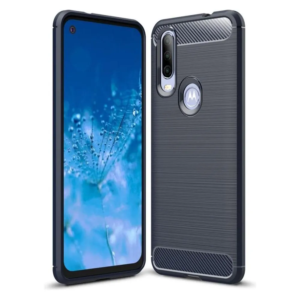 König Design Hülle Handy Schutz für Motorola One Action Case Cover Bumper Carbon Optik Blau