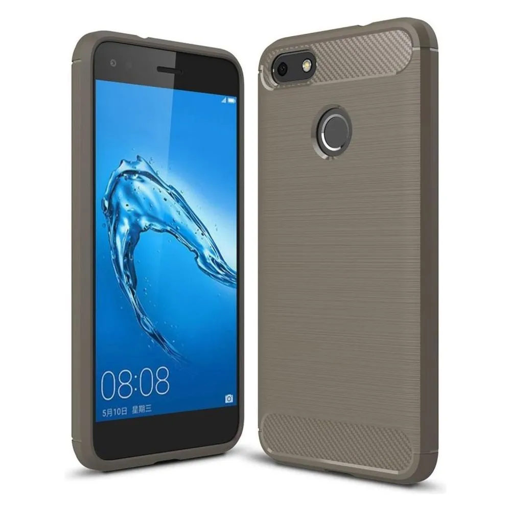 König Design Hülle Handy Schutz für Huawei Y6 (2017) Case Cover Bumper Carbon Optik TPU Grau (Huawei Y6 (2017))