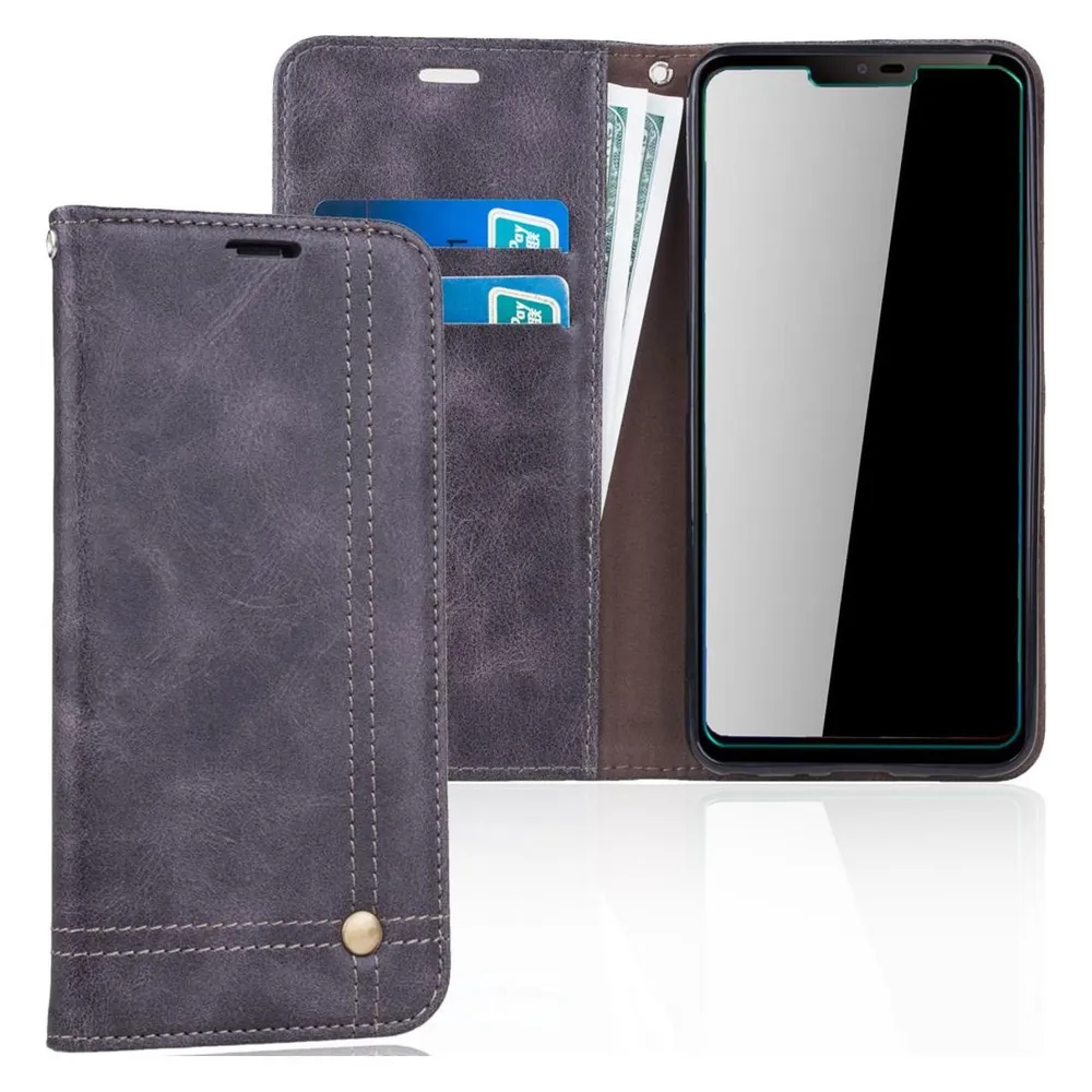 König Design LG G7 Handy Hülle Schutz Tasche Case Flip Cover Wallet Schale Etuis Grau