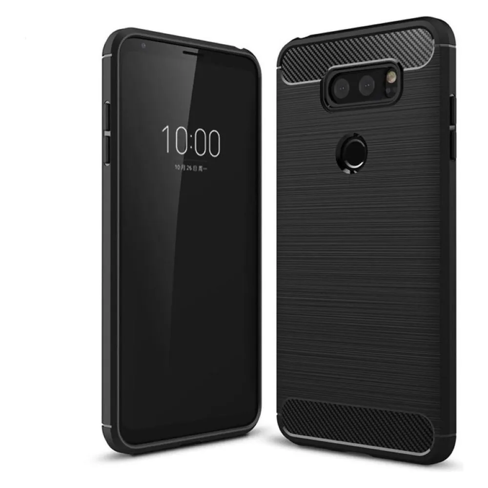 König Design LG Q8 Handy Hülle TPU Case Carbon Fiber Schutz Cover Bumper Etuis Schale Schwarz