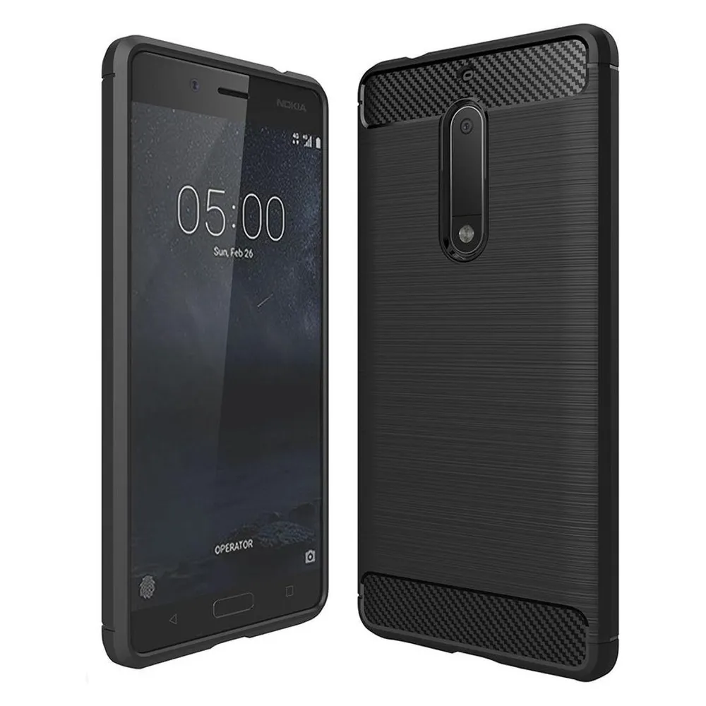 König Design Nokia 5 TPU Handy Case Carbon Fiber Optik Brushed Schutz Hülle Rahmen Schwarz
