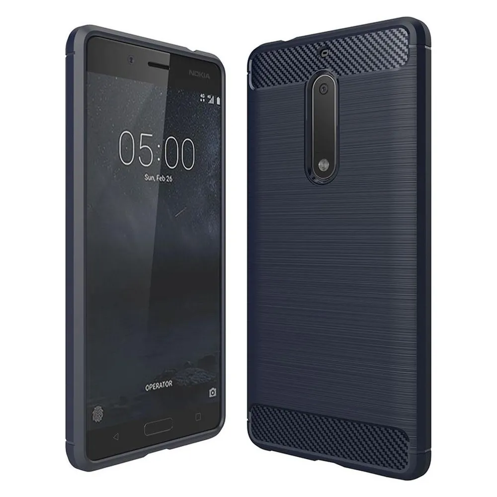 König Design Nokia 5 TPU Handy Case Carbon Fiber Optik Brushed Schutz Hülle Rahmen Blau Neu