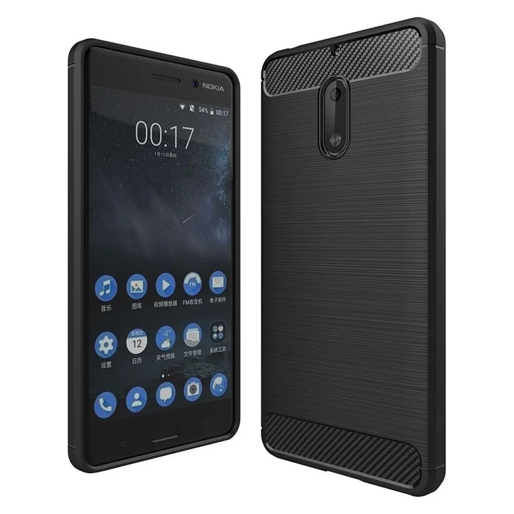 König Design Nokia 6 TPU Handy Case Carbon Fiber Optik Brushed Schutz Hülle Rahmen Schwarz