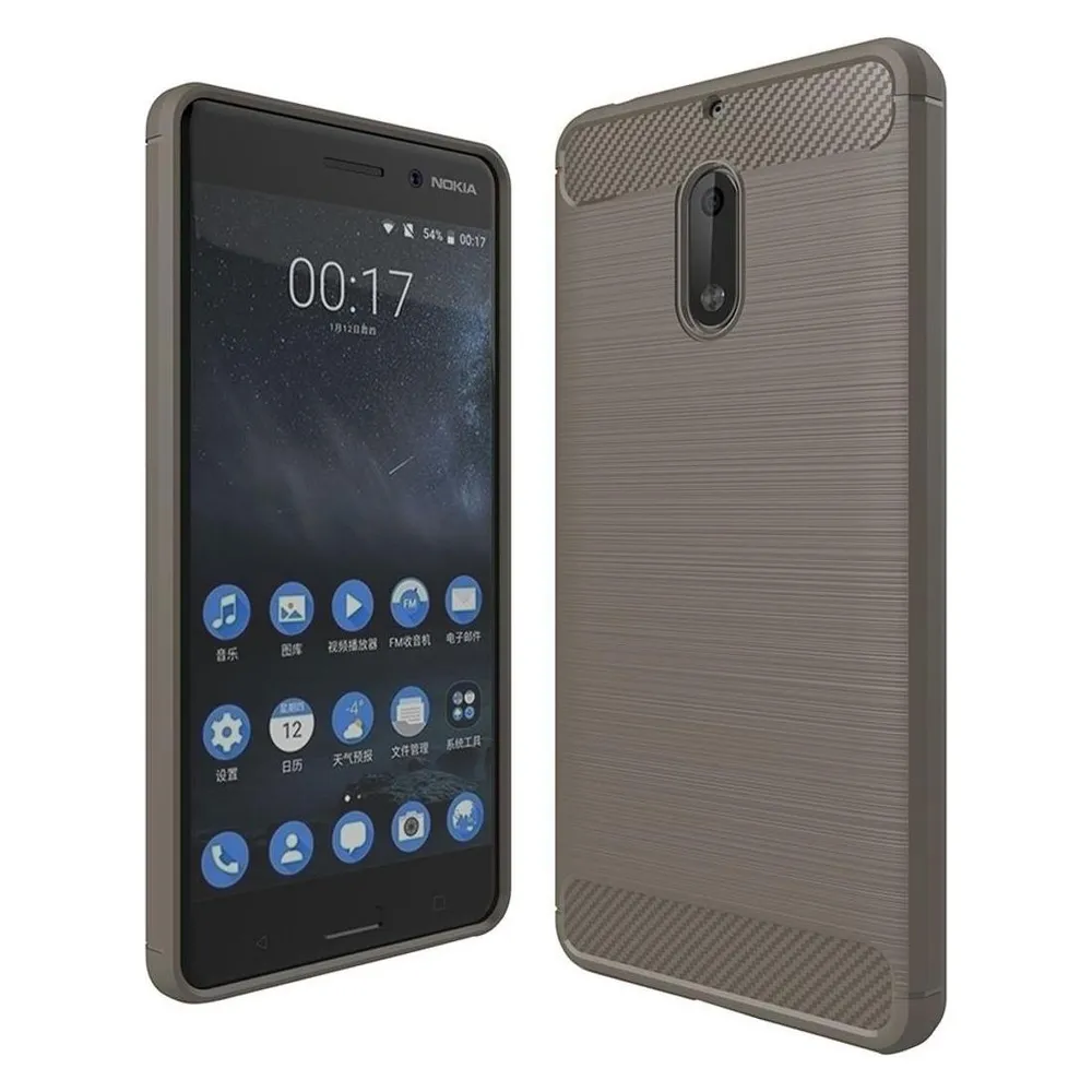 König Design Nokia 6 TPU Handy Case Carbon Fiber Optik Brushed Schutz Hülle Rahmen Grau Neu